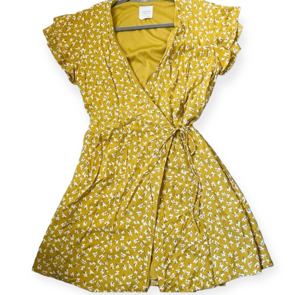 Everlane Mustard Floral Wrap Midi Dress